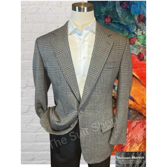 Vtg Neiman Marcus International 44L Taupe Brown Turquoise Wool Plaid Sport Coat - Picture 1 of 13